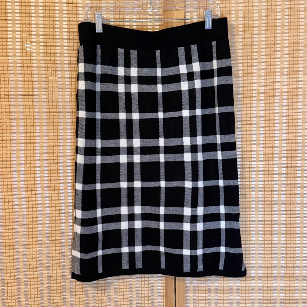 Liz Claiborne Black White Plaid Knit Midi Skirt Side Slit Large Preppy Goth